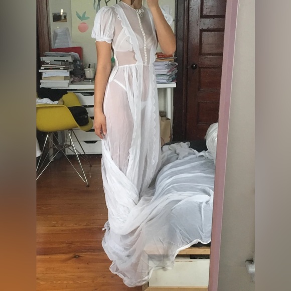 1930s Wedding Dress with Train Petite XS Chiffon Sheer - Picture 8 of 12